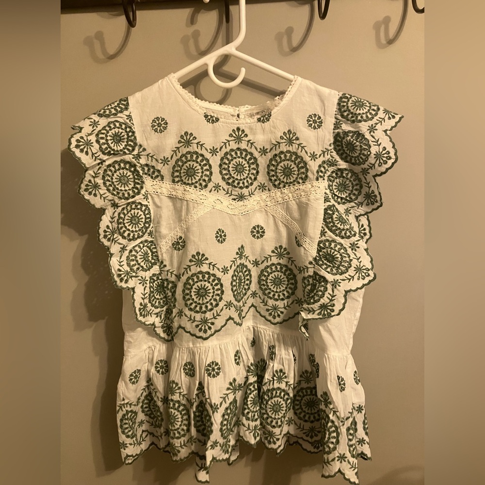 DRA Clothing Los Angeles White and Green embroidered boho style top